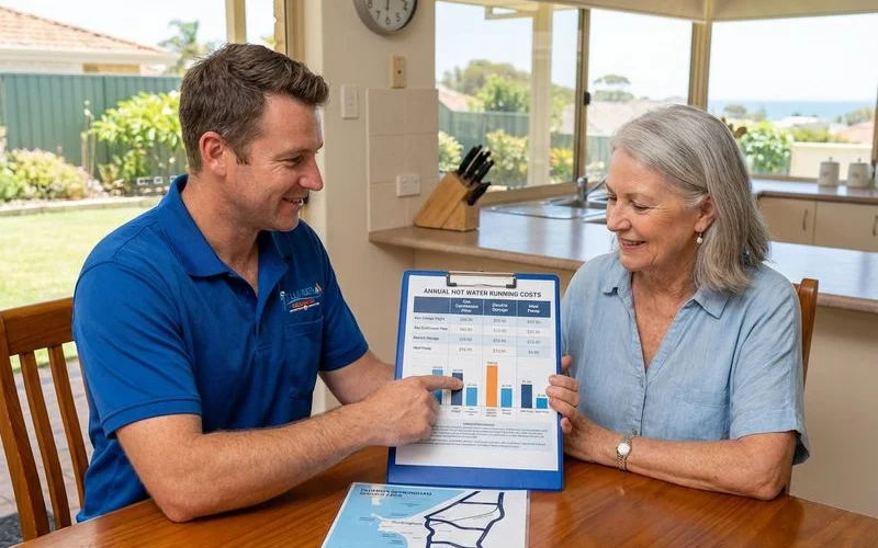 Comparison chart showing annual running costs for gas storage continuous flow electric and heat pump hot water systems