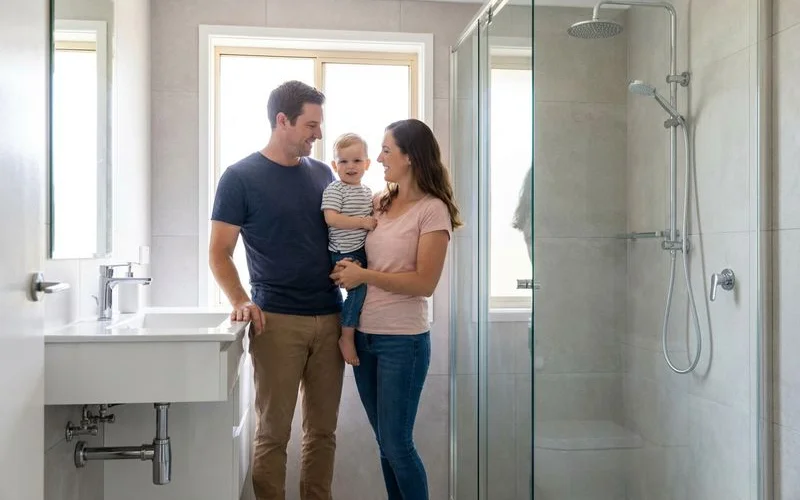 Beautifully finished modern bathroom renovation in a Rockingham home with new fixtures tiling and contemporary plumbing fittings