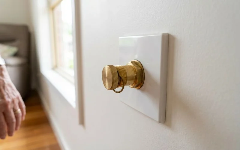 Close up of a gas bayonet fitting installed on a wall plate in a living room ready for gas heater connection
