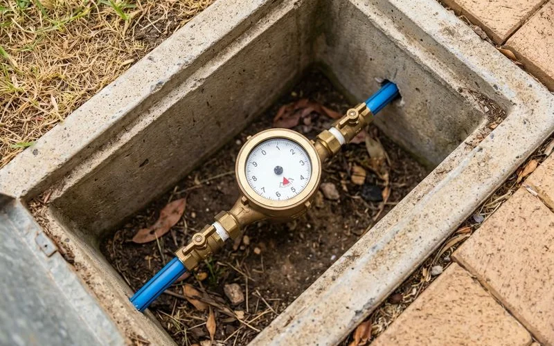 Close up view of a residential water meter in its concrete pit showing the dial face and flow indicator triangle