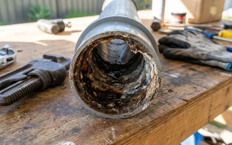 Cross section view of a drain pipe showing layers of grease soap scum and mineral buildup narrowing the pipe diameter