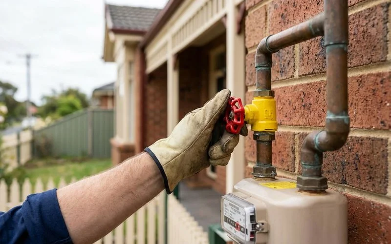 Emergency gas meter shutoff valve being turned to off position to stop gas supply during a suspected leak emergency