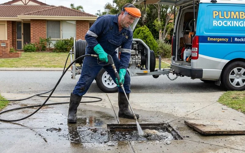 Emergency plumber clearing a sewage backup at a Rockingham rental property classified as urgent repair under WA law