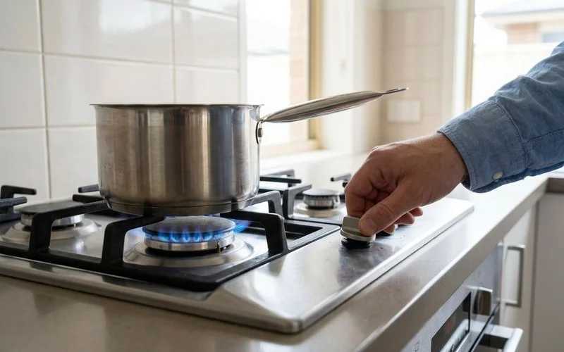 Close up of gas cooktop flame heating a stainless steel pot with visible blue flame for efficient cooking performance