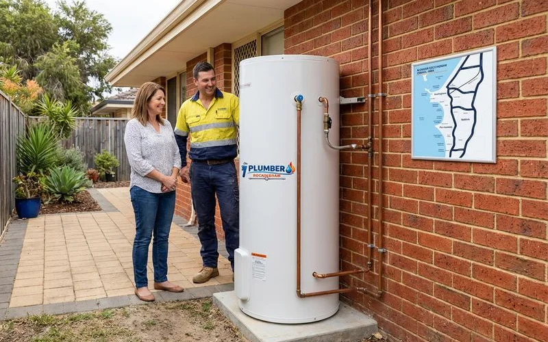 Gas storage hot water tank installed outdoors at a Rockingham home showing copper pipes and pressure valve
