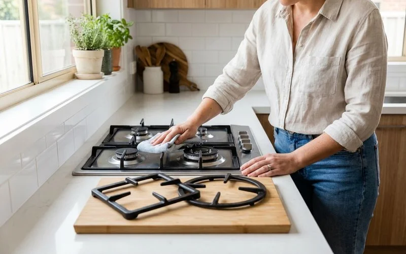 Homeowner cleaning a gas cooktop with stainless steel surface and cast iron trivets in a well maintained modern kitchen