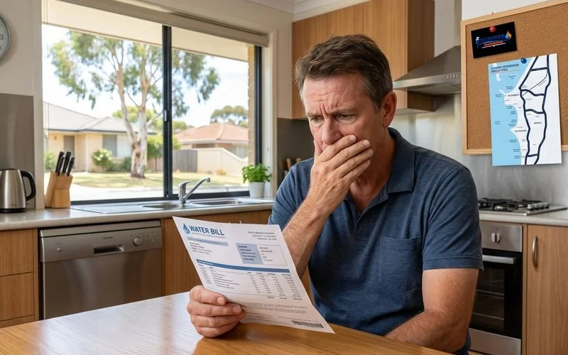 Homeowner looking concerned while reviewing an unexpectedly high water bill at their kitchen table in Rockingham home