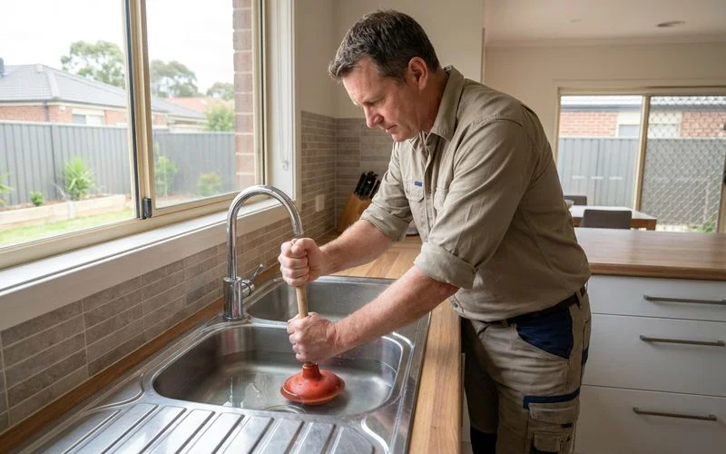 Homeowner using a plunger to clear a blocked kitchen sink drain showing correct plunging technique with water in basin