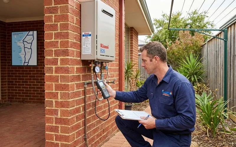 Licensed gas fitter inspecting a gas hot water system at a rental property checking connections valves and safety compliance