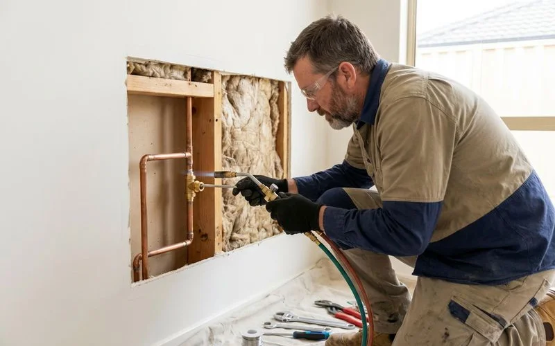 Licensed gas fitter installing copper gas pipe and bayonet connection behind a wall at a Rockingham residential home