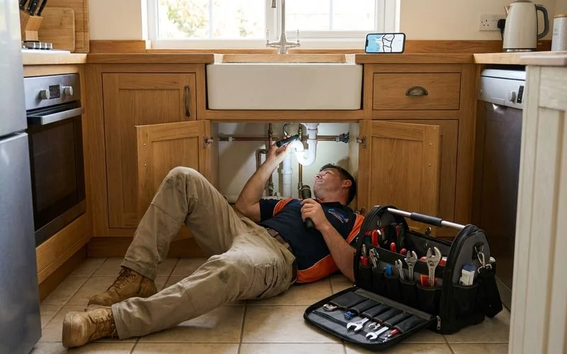 Licensed plumber conducting a thorough plumbing inspection checking under a kitchen sink for leaks and pipe condition issues