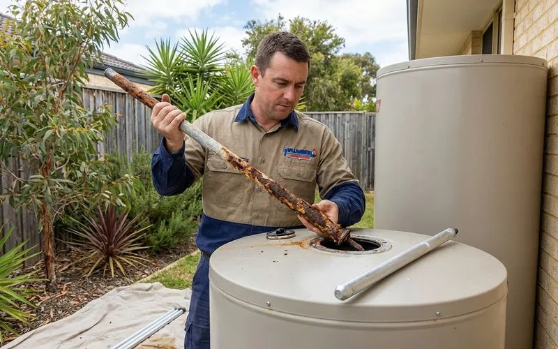 Licensed plumber inspecting and replacing a sacrificial anode rod inside a hot water storage tank in Rockingham