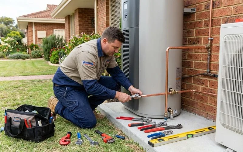 Licensed plumber installing a new heat pump hot water system at a residential property in Rockingham Western Australia