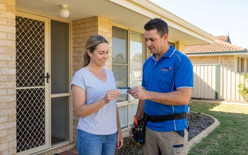 Licensed plumber showing their Western Australia plumbing licence card to a homeowner before starting work at a Rockingham property