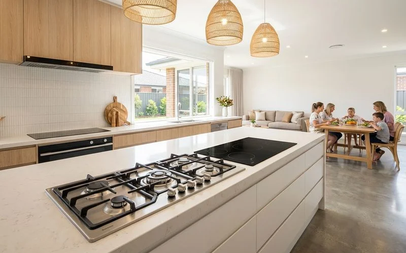 Modern kitchen with gas cooktop on the left and induction electric cooktop on the right side by side for comparison