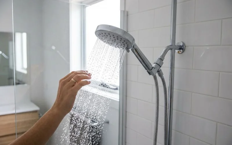 Modern water efficient showerhead installed in a bathroom with visible WELS water rating label for conservation awareness