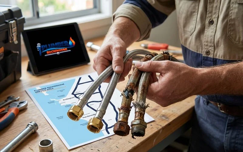 Collection of new and old flexi hoses showing the difference between a new braided stainless steel hose and a corroded deteriorated one