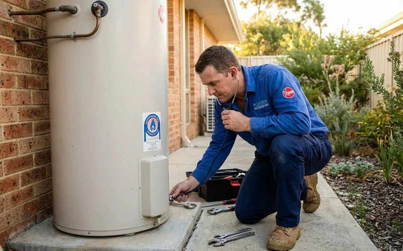 Plumber inspecting a noisy hot water system listening for banging and rumbling sounds indicating sediment buildup