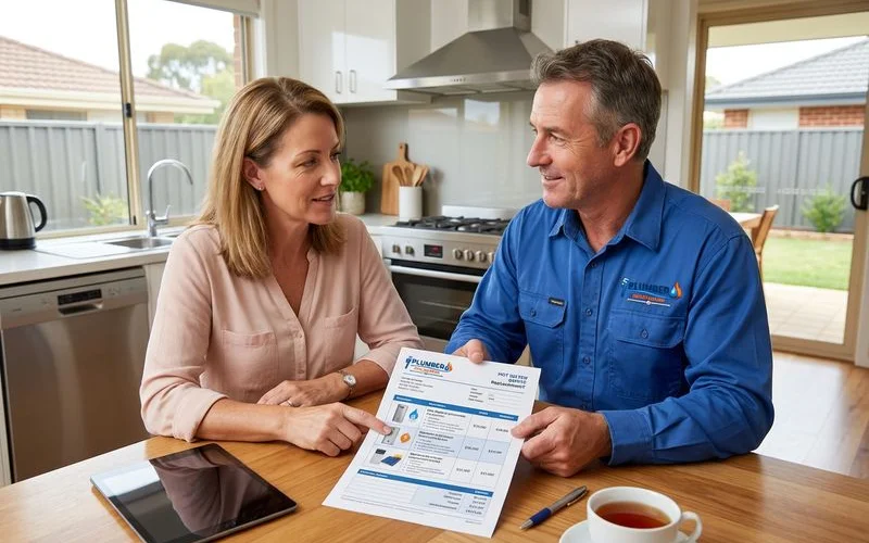 Plumber presenting a hot water system quote to a Rockingham homeowner with different system options and prices