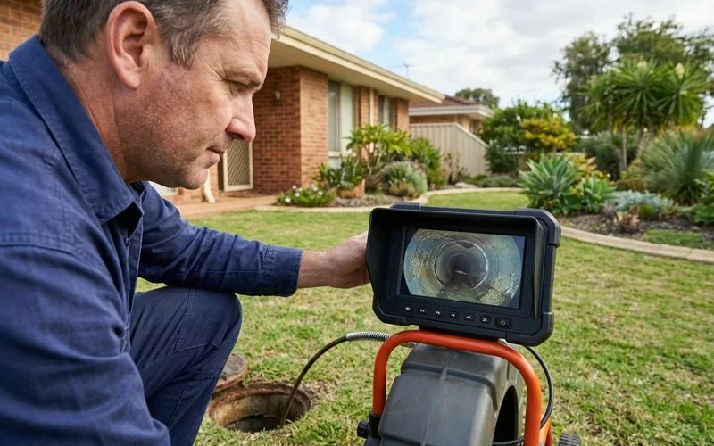 Plumber reviewing CCTV drain inspection footage on a monitor screen showing pipe condition inside a Rockingham home