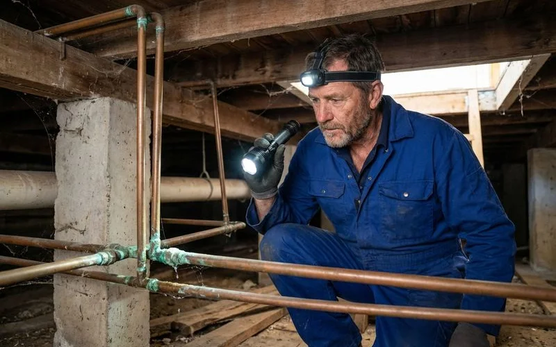 Professional plumber inspecting copper water supply pipes under a house for signs of leaking joints or corrosion damage