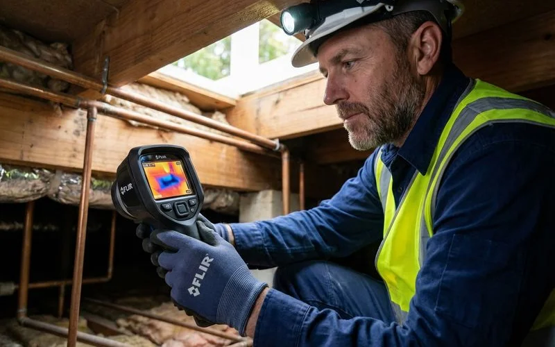 Professional plumber performing leak detection inspection under a house using thermal imaging equipment in Rockingham