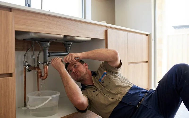 Professional plumber repairing a leaking pipe joint under a kitchen sink in a Rockingham home with tools and parts visible