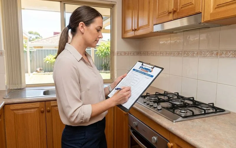 Property manager reviewing a gas compliance checklist document while standing in a rental property kitchen in Rockingham