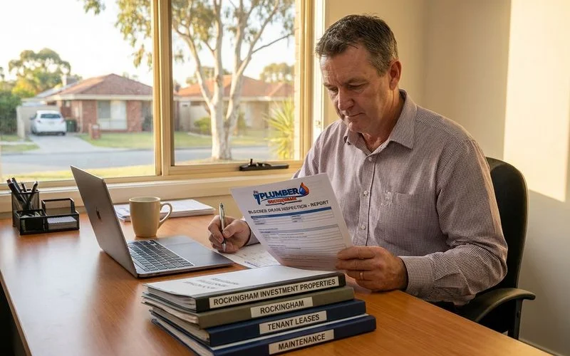 Property manager reviewing a plumber inspection report for a blocked drain at a Rockingham investment rental property