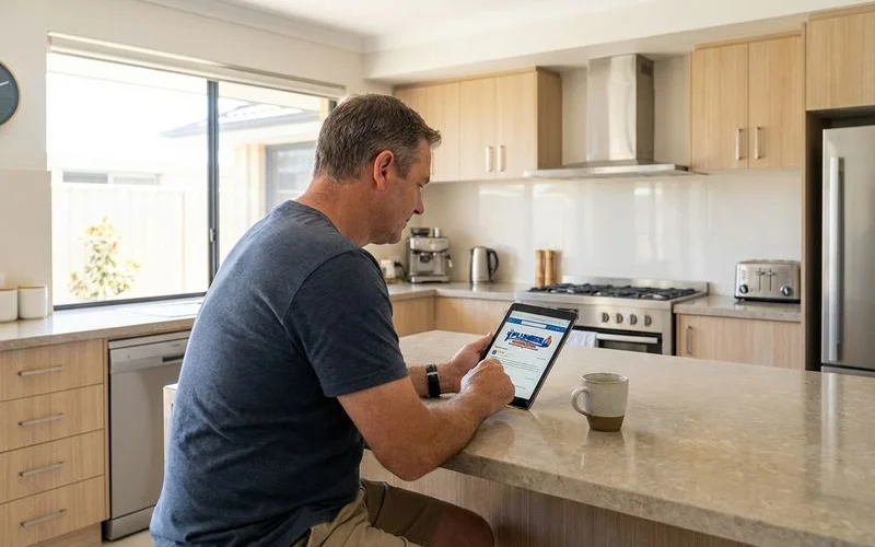 Rockingham homeowner reading online reviews on a tablet while researching local plumbing companies for a home repair project