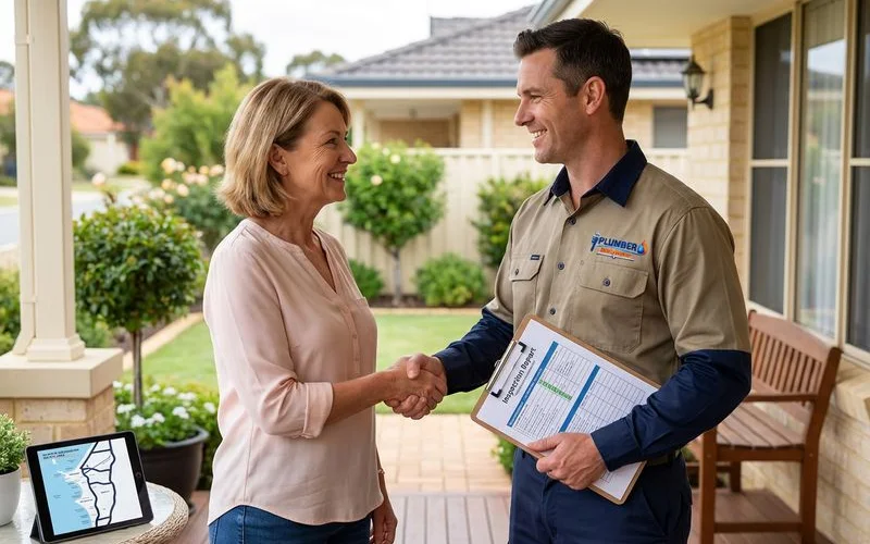 Rockingham homeowner shaking hands with a licensed plumber after completing a routine annual plumbing inspection and maintenance