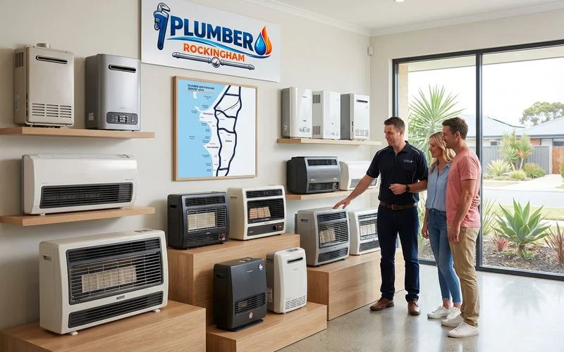 Selection of gas heaters on display showing different sizes and styles suitable for Rockingham homes with bayonet connection