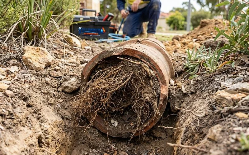 Tree roots growing into and blocking a residential sewer pipe showing root mass caught inside the drainage line