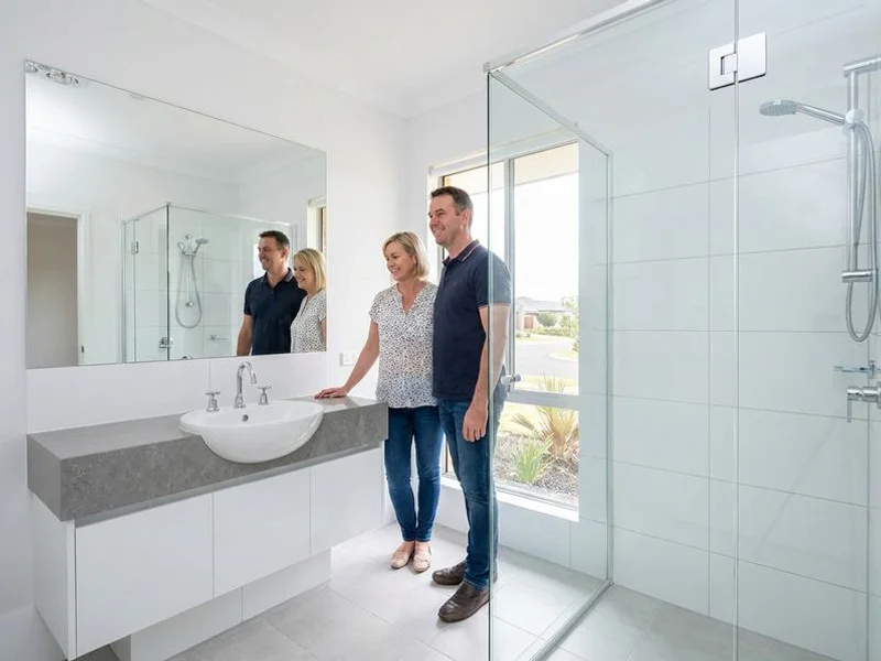 Completed bathroom fit-off with wall-hung vanity and chrome tapware