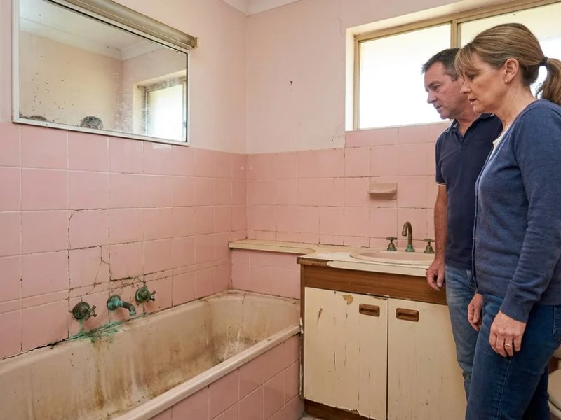 Dated bathroom before renovation with old pink tiles and brass fixtures