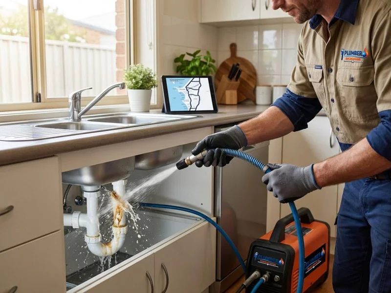 High pressure water jetter clearing grease buildup from a kitchen drain pipe