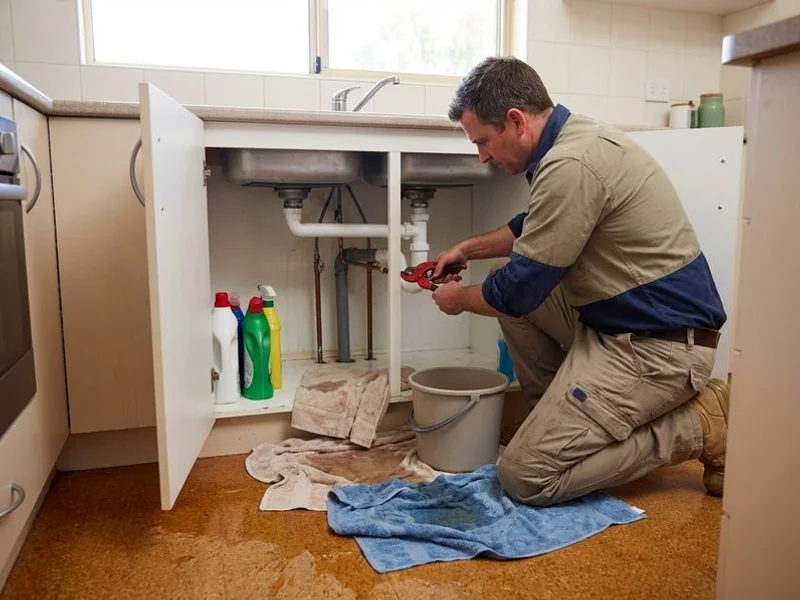 Licensed plumber repairing a burst copper pipe in a flooded kitchen