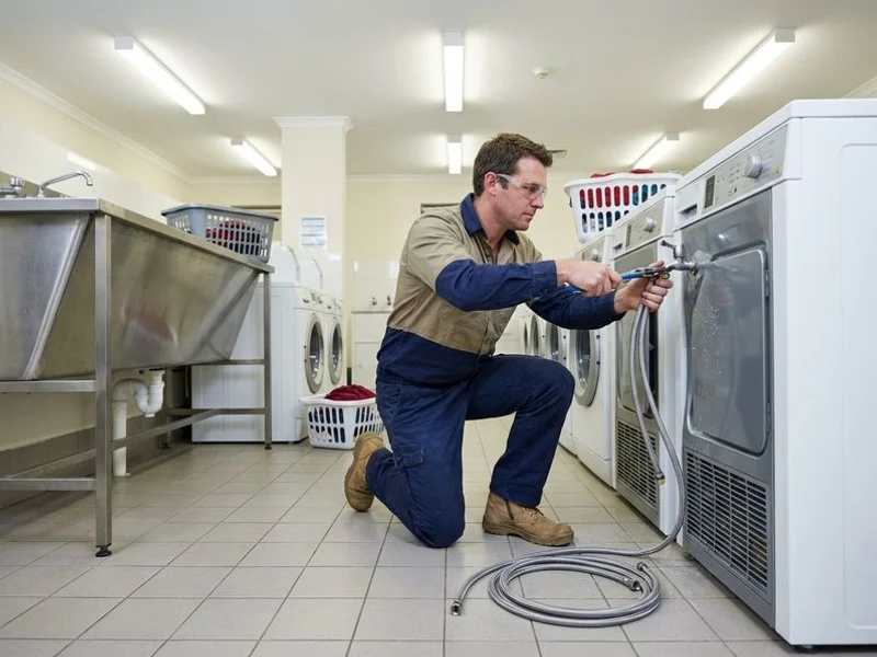Plumber repairing common area plumbing in an apartment building laundry