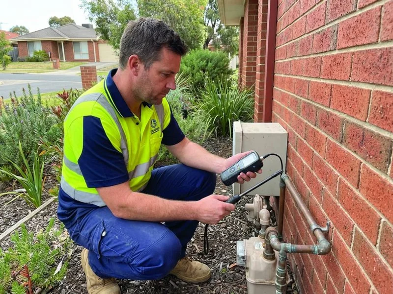 Plumber using gas detection equipment to locate a gas leak