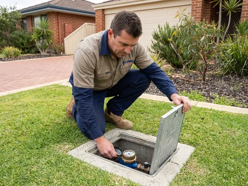 Plumber checking water meter for leak indicators at a Rockingham property