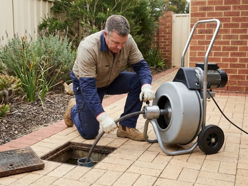 Professional plumber operating an electric drain machine to clear a blocked gully