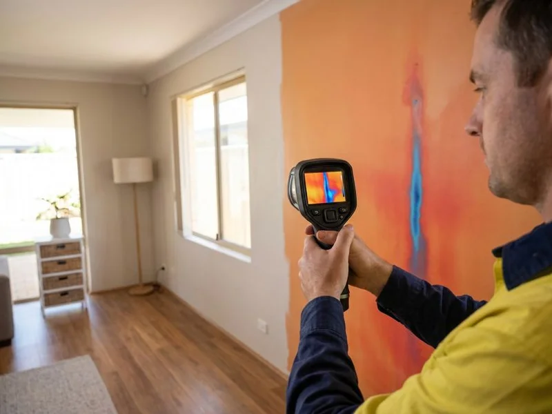 Thermal imaging showing moisture pattern behind a wall from a hidden leak