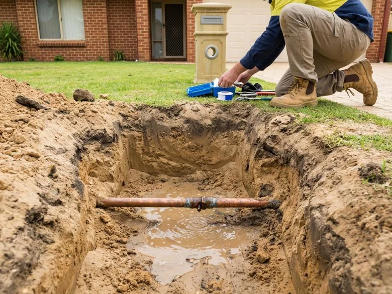 Underground water pipe leak located and exposed for repair in Rockingham